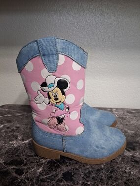 Minnie Mouse Pink Polka Dot Denim Kids Cowboy Boots Size 7